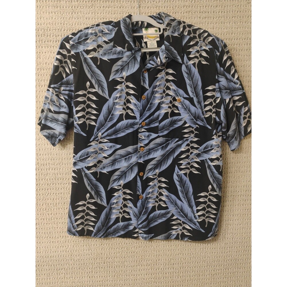 Mens 100% Silk Hawaiian Shirt  XL Blue Black Tropical Leaf Print Banana Cabana
